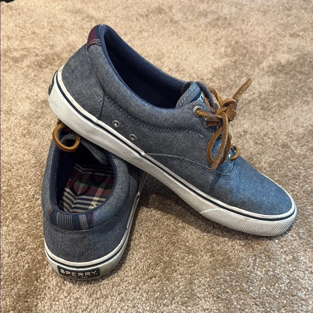 Sperry Blue and Brown Boat Shoes with Leather Laces